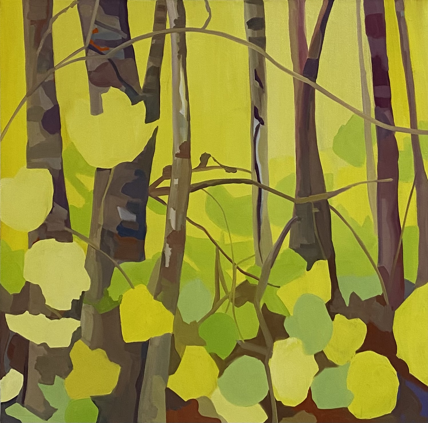 Abstract painting of an Aspen Grove in yellows, greens, and browns.